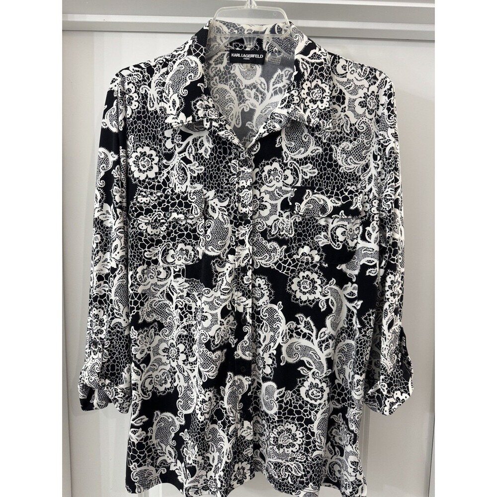 Karl Lagerfeld paris womens Button Down Collared 3/4 Roll Tan Sleeve Floral SZ L